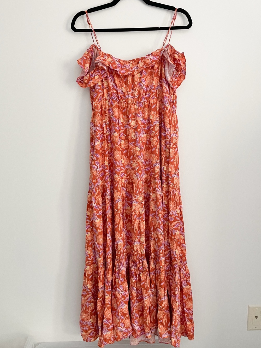 J. Crew • Floral Orange Pink Ruffle Tiered Maxi Dress in Painted Block Print • M - Picture 6 of 15